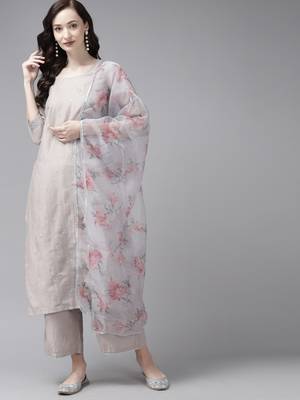 Indo Era Embroidered Grey Straight Kurta Palazzo With Dupatta Set 1