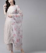 Indo Era Embroidered Grey Straight Kurta Palazzo With Dupatta Set