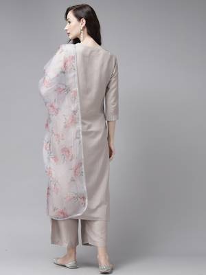 Indo Era Embroidered Grey Straight Kurta Palazzo With Dupatta Set 2