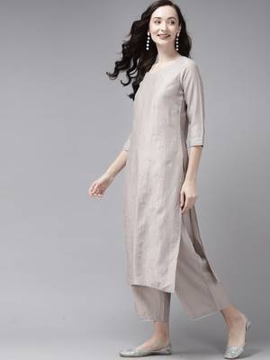 Indo Era Embroidered Grey Straight Kurta Palazzo With Dupatta Set 3