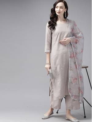 Indo Era Embroidered Grey Straight Kurta Palazzo With Dupatta Set 4