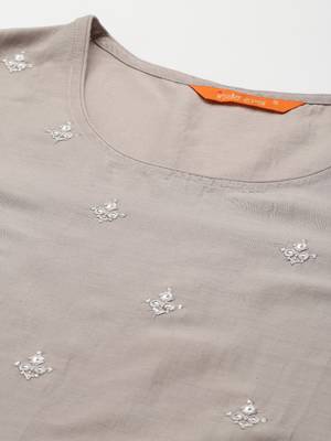 Indo Era Embroidered Grey Straight Kurta Palazzo With Dupatta Set 5