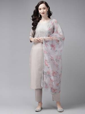 Indo Era Embroidered Grey Straight Kurta Trouser With Dupatta Set 1