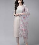 Indo Era Embroidered Grey Straight Kurta Trouser With Dupatta Set