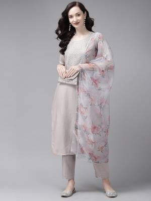 Indo Era Embroidered Grey Straight Kurta Trouser With Dupatta Set 4