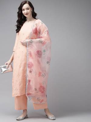 Indo Era Embroidered Orange Straight Kurta Palazzo With Dupatta Set 4