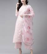 Indo Era Embroidered Pink Straight Kurta Palazzo With Dupatta Set