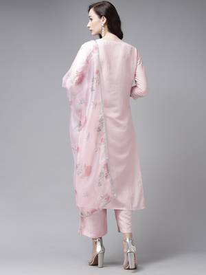 Indo Era Embroidered Pink Straight Kurta Palazzo With Dupatta Set 2
