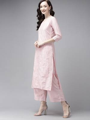 Indo Era Embroidered Pink Straight Kurta Palazzo With Dupatta Set 3
