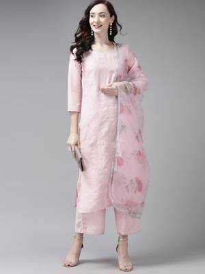 Indo Era Embroidered Pink Straight Kurta Palazzo With Dupatta Set 4