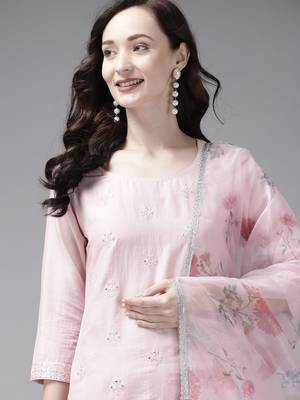 Indo Era Embroidered Pink Straight Kurta Palazzo With Dupatta Set 5
