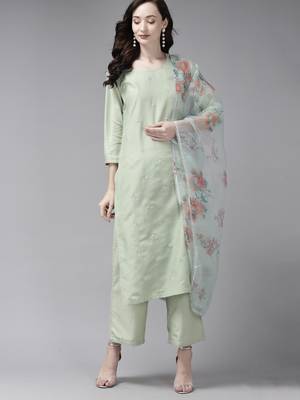 Indo Era Embroidered Sea Green Straight Kurta Palazzo With Dupatta Set 1