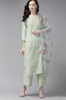Indo Era Embroidered Sea Green Straight Kurta Palazzo With Dupatta Set
