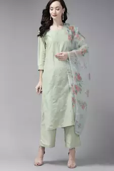 Indo Era Embroidered Sea Green Straight Kurta Palazzo With Dupatta Set