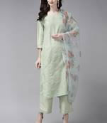 Indo Era Embroidered Sea Green Straight Kurta Palazzo With Dupatta Set