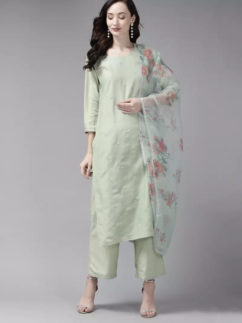 Indo Era Embroidered Sea Green Straight Kurta Palazzo With Dupatta Set