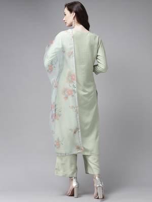 Indo Era Embroidered Sea Green Straight Kurta Palazzo With Dupatta Set 2