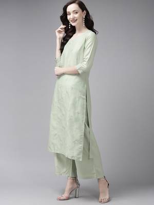Indo Era Embroidered Sea Green Straight Kurta Palazzo With Dupatta Set 3