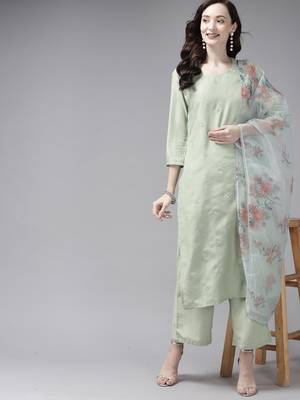 Indo Era Embroidered Sea Green Straight Kurta Palazzo With Dupatta Set 4