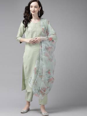 Indo Era Embroidered Sea Green Straight Kurta Trouser With Dupatta Set 1