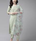 Indo Era Embroidered Sea Green Straight Kurta Trouser With Dupatta Set