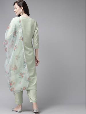 Indo Era Embroidered Sea Green Straight Kurta Trouser With Dupatta Set 2