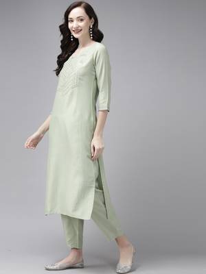Indo Era Embroidered Sea Green Straight Kurta Trouser With Dupatta Set 3