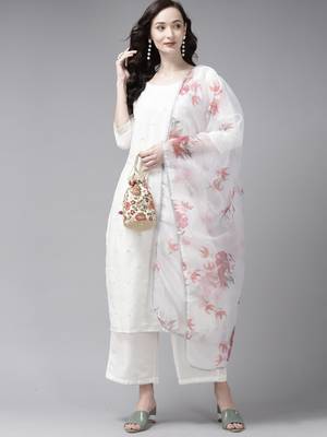 Indo Era Embroidered White Straight Kurta Palazzo With Dupatta Set 4