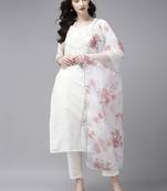 Indo Era Embroidered White Straight Kurta Trouser With Dupatta Set