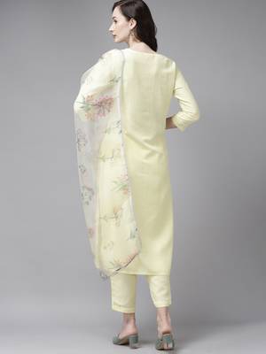 Indo Era Embroidered Yellow Straight Kurta Trouser With Dupatta Set 2
