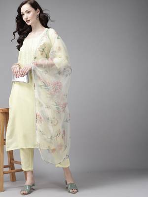 Indo Era Embroidered Yellow Straight Kurta Trouser With Dupatta Set 4