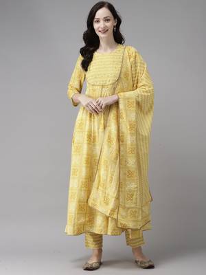 Indo Era Yellow Printed A-line Kurta Trouser With Trouser Set 1