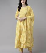 Indo Era Yellow Printed A-line Kurta Trouser With Trouser Set