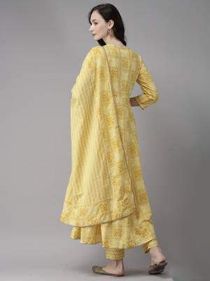 Indo Era Yellow Printed A-line Kurta Trouser With Trouser Set 2