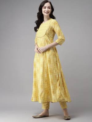 Indo Era Yellow Printed A-line Kurta Trouser With Trouser Set 3
