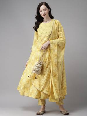 Indo Era Yellow Printed A-line Kurta Trouser With Trouser Set 4