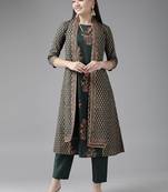 Indo Era Bottle Green Printed Straight Kurta Trouser With Dupatta Set
