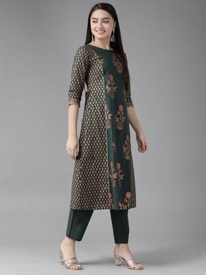Indo Era Bottle Green Printed Straight Kurta Trouser With Dupatta Set 3