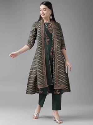Indo Era Bottle Green Printed Straight Kurta Trouser With Dupatta Set 4