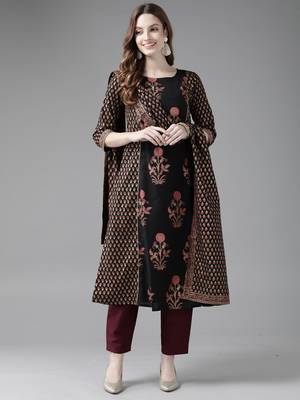 Indo Era Black Printed Straight Kurta Trouser With Dupatta Set 1