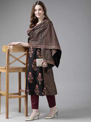 Indo Era Black Printed Straight Kurta Trouser With Dupatta Set 4