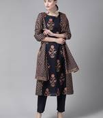 Indo Era Navy Blue Printed Straight Kurta Trouser With Dupatta Set