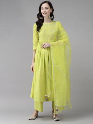 Indo Era Olive Embroidered A-line Kurta Trouser With Dupatta Set 1