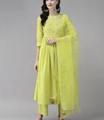 Indo Era Olive Embroidered A-line Kurta Trouser With Dupatta Set