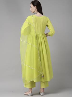 Indo Era Olive Embroidered A-line Kurta Trouser With Dupatta Set 2