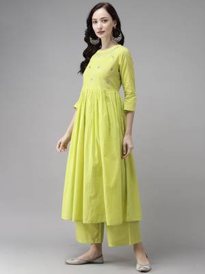 Indo Era Olive Embroidered A-line Kurta Trouser With Dupatta Set 3
