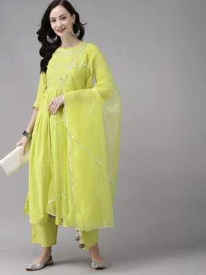Indo Era Olive Embroidered A-line Kurta Trouser With Dupatta Set 4