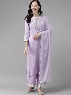 Indo Era Purple Embroidered Straight Kurta Palazzo With Dupatta Set 1