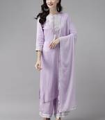 Indo Era Purple Embroidered Straight Kurta Palazzo With Dupatta Set