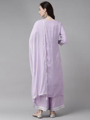 Indo Era Purple Embroidered Straight Kurta Palazzo With Dupatta Set 2